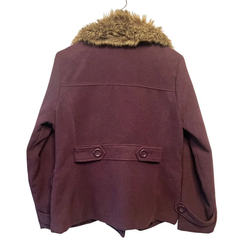 Dollhouse Women's Burgundy Peacoat Jacket Faux Fur Collar XL Double Breasted - Picture 2 of 16